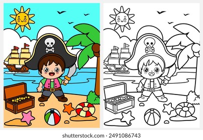 Cute cartoon pirate boy coloring page for kids, summer coloring pages for kids