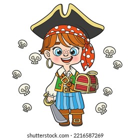 Cute cartoon pirate boy with saber and chest color variation for coloring page on white background