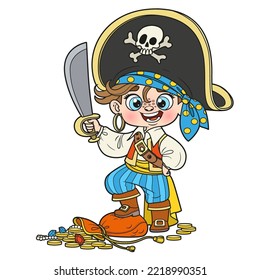 Cute cartoon pirate boy with saber and treasure trophies color variation for coloring page on white background