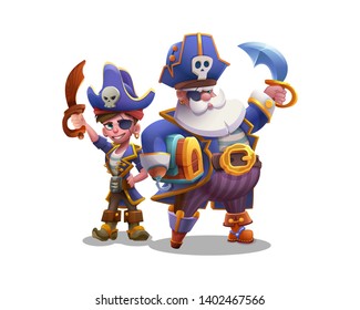 Cute cartoon pirate and pirate boy with treasure chest,parrot and steel saber. Vector illustration isolated on white background.