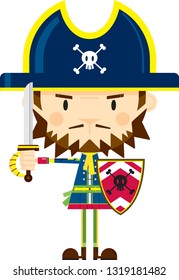 Cute Cartoon Pirate Captain with Sword and Shield
