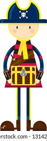 Cute Cartoon Pirate Captain with Treasure Chest
