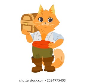 Cute cartoon of a pirate cat wearing boots and a sash, confidently holding a treasure chest.