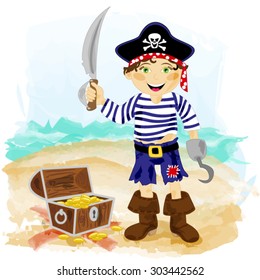 Cute cartoon pirate character with hook, sword and treasure chest