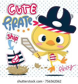 Cute cartoon pirate chick holding wood sword in pirate costume on polka dot background illustration vector.