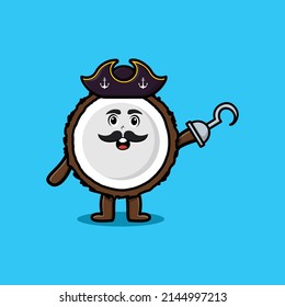 Cute cartoon pirate Coconut with hook hand in 3d modern style design