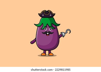 Cute cartoon pirate Eggplant with hook hand in 3d modern style design