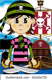 Cute Cartoon Pirate Girl and Ship