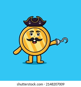 Cute cartoon pirate gold coin with hook hand in 3d modern style design