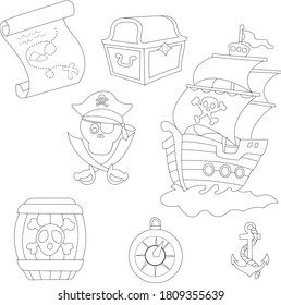 cute cartoon pirate kids pack, black line cartoon pirate kids 