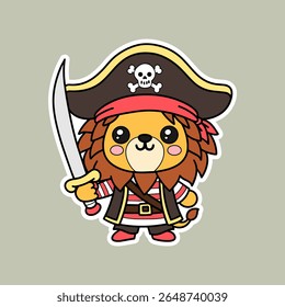 Adesivo de personagem de mascote de leão pirata de desenhos animados bonito para crianças e desenhos impressos divertidos