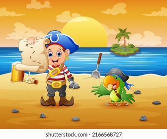 Cute cartoon a pirate and parrot search for treasure with maps