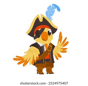 Cute cartoon of a pirate parrot wearing an eyepatch, pirate hat with feather, and coat. Flat character illustration. Adventure and sea life concept.