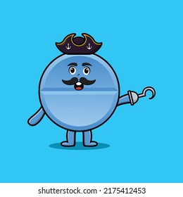 Cute cartoon pirate pill medicine with hook hand in flat modern style design