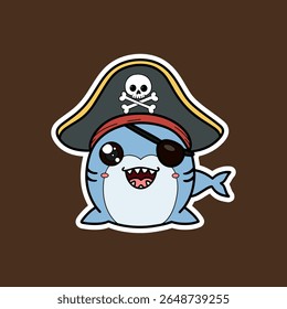 Cute Cartoon Pirate Shark Sticker with Skull Hat and Eye Patch