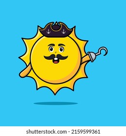 Cute cartoon pirate sun with hook hand in 3d modern style design