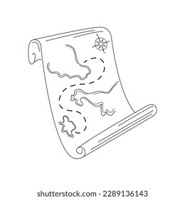 Cute cartoon pirate treasure map. Isolated vector illustration in linear style. Simple clipart. Design element. Sea life and travel. The search for ancient secrets