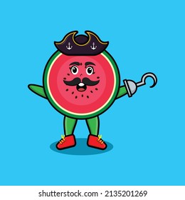 Cute cartoon pirate watermelon with hook hand in 3d modern style design
