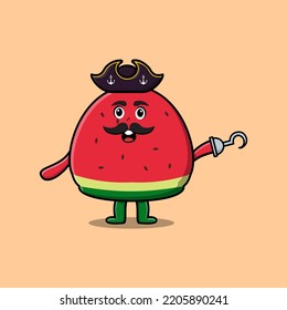 Cute cartoon pirate watermelon with hook hand in 3d modern style design