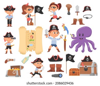 Cute cartoon pirates. Child pirate, kids wear party costume. Sea or ocean characters, treasure map, wooden chest. Isolated happy playing children decent vector set