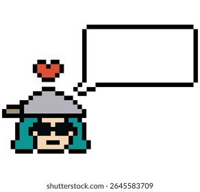 Cute cartoon pixel cartoon character face woman with chat blank decoration 8 bit female girl say speak discuss idea chat box cartoon pixel game 8bit vector.