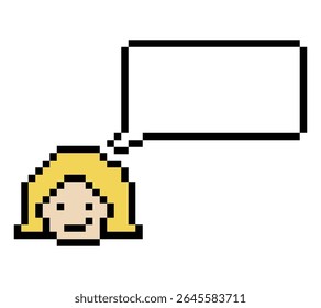 Cute cartoon pixel cartoon character face woman with chat blank decoration 8 bit female girl say speak discuss idea chat box cartoon pixel game 8bit vector.