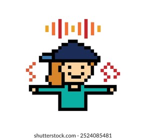 Cute cartoon pixel character cute man exercises training dance lifestyle music decoration life style 8 bit male boy dance with music game fitness isolated vector.
