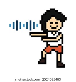 Cute cartoon pixel character cute man exercises training dance lifestyle music decoration life style 8 bit male boy dance with music game fitness isolated vector.