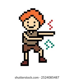 Cute cartoon pixel character cute man exercises training dance lifestyle music decoration life style 8 bit male boy dance with music game fitness isolated vector.