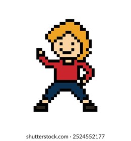 Cute cartoon pixel character cute man exercises training dance lifestyle music decoration life style 8 bit male boy dance with music game fitness isolated vector.