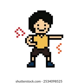 Cute cartoon pixel character cute man exercises training dance lifestyle music decoration life style 8 bit male boy dance with music game fitness isolated vector.