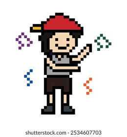 Cute cartoon pixel character cute man exercises training dance lifestyle music decoration life style 8 bit male boy dance with music game fitness isolated vector.