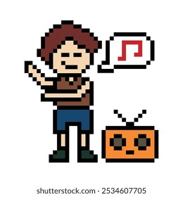 Bonito personagem de pixel de desenhos animados bonitinho exercícios de treinamento dança estilo de vida de decoração de música estilo de vida masculino 8 bits de dança com o jogo de música fitness vetor isolado.