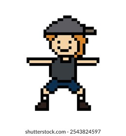 Bonito personagem de pixel de desenhos animados bonitinho exercícios de treinamento aeróbico estilo de dança estilo de vida decoração de música estilo de vida 8 bits masculino boy dance com jogo de música fitness vetor isolado.