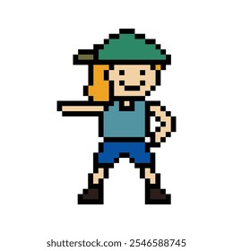 Cute cartoon pixel character cute man exercises training dance lifestyle music decoration life style 8 bit male boy dance with music game fitness isolated vector.