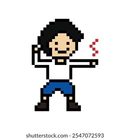 Cute cartoon pixel character cute man exercises training aerobic dance lifestyle music decoration life style 8 bit male boy dance with music game fitness isolated vector.