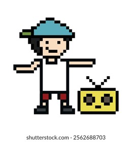 Cute cartoon pixel character cute man exercises training aerobic dance lifestyle music decoration life style 8 bit male boy dance with music game fitness isolated vector.