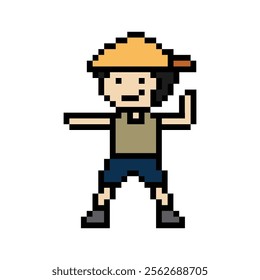 Cute cartoon pixel character cute man exercises training aerobic dance lifestyle music decoration life style 8 bit male boy dance with music game fitness isolated vector.