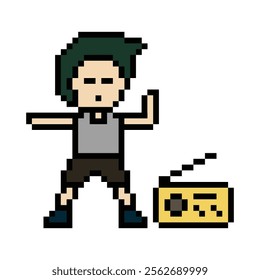 Cute cartoon pixel character cute man exercises training dance lifestyle music decoration life style 8 bit male boy dance with music game fitness isolated vector.