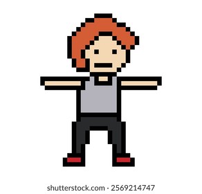 Cute cartoon pixel character cute man exercises training aerobic dance lifestyle music decoration life style 8 bit male boy dance with music game 8bit fitness isolated vector.