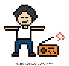 Cute cartoon pixel character cute man exercises training aerobic dance lifestyle music decoration life style 8 bit male boy dance with music game 8bit fitness isolated vector.