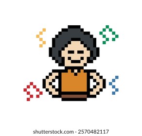 Cute cartoon pixel character cute man exercises training aerobic dance lifestyle music decoration life style 8 bit male boy dance with music game 8bit fitness isolated vector.