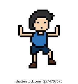 Cute cartoon pixel character cute man exercises training aerobic dance lifestyle music decoration life style 8 bit male boy dance with music game 8bit fitness isolated vector.