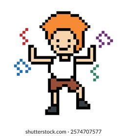 Cute cartoon pixel character cute man exercises training aerobic dance lifestyle music decoration life style 8 bit male boy dance with music game 8bit fitness isolated vector.