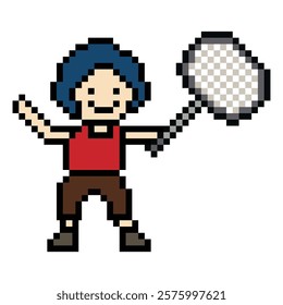 Cute cartoon pixel character cute man exercise training play badminton tennis lifestyle decoration life style 8 bit male boy game badminton 8bit fitness isolated vector.