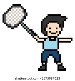 Cute cartoon pixel character cute man exercise training play badminton tennis lifestyle decoration life style 8 bit male boy game badminton 8bit fitness isolated vector.