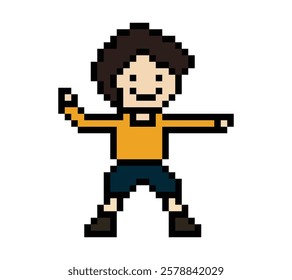 Cute cartoon pixel character cute man exercises training aerobic dance lifestyle music decoration life style 8 bit male boy dance with music game 8bit fitness isolated vector.