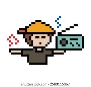 Cute cartoon pixel character cute man exercises listen music dance lifestyle music decoration life style 8 bit male boy dance with music game 8bit listen love isolated vector.