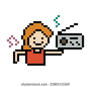 Cute cartoon pixel character cute man exercises listen music dance lifestyle music decoration life style 8 bit male boy dance with music game 8bit listen love isolated vector.