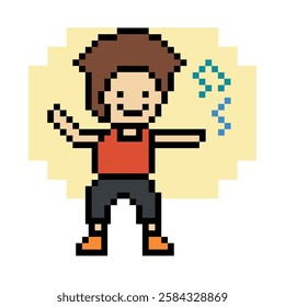 Cute cartoon pixel character cute man exercises training aerobic dance lifestyle music decoration life style 8 bit male boy dance with music game 8bit fitness isolated vector.